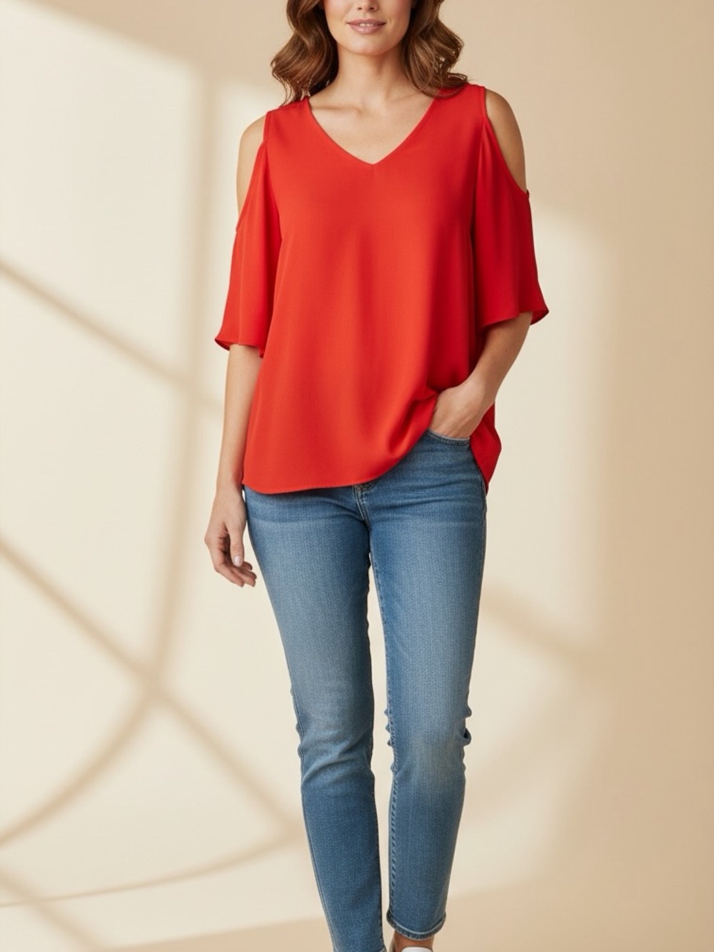 Lush Red Cold-Shoulder V-Neck Blouse Size L